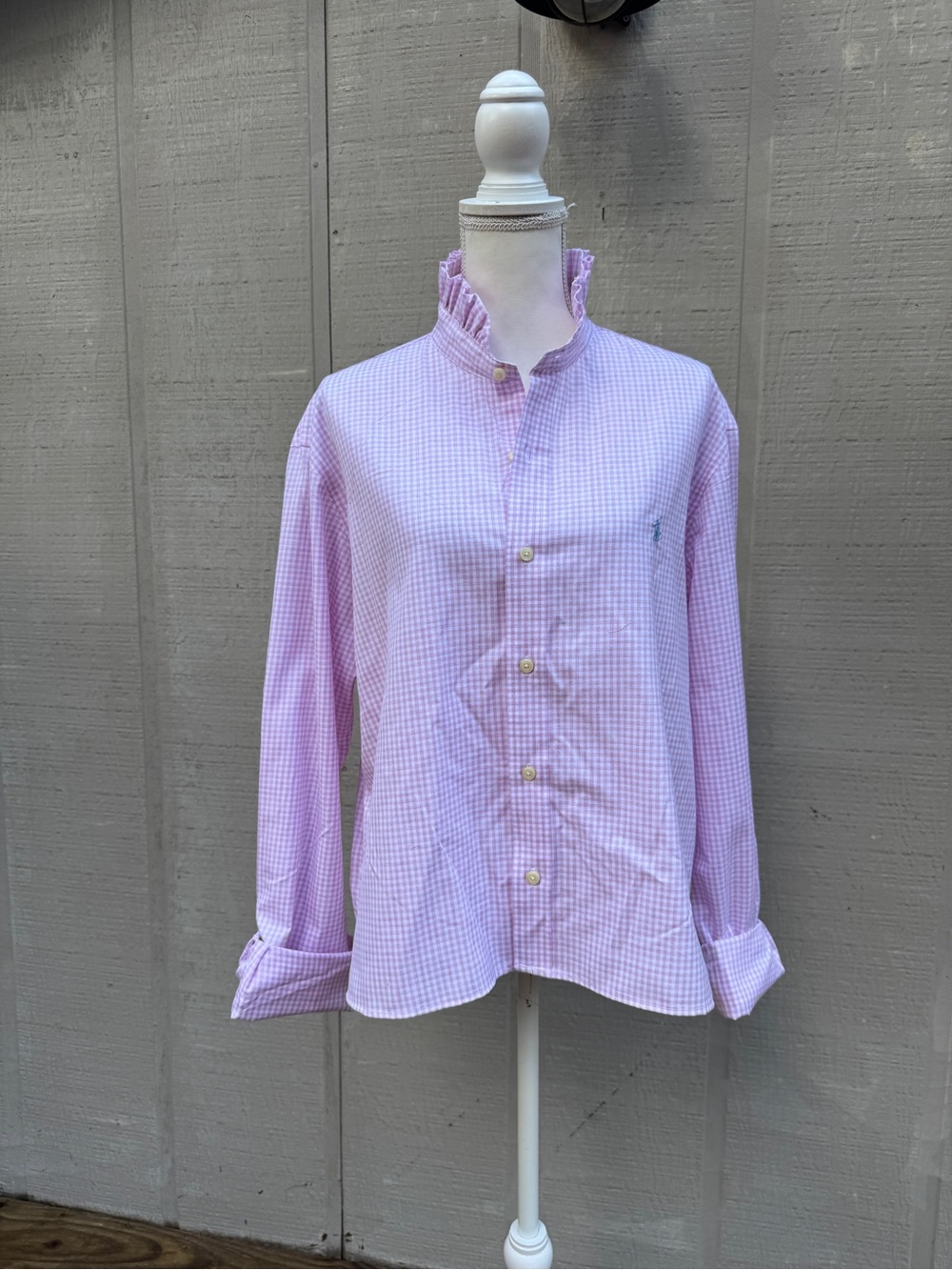 Ralph Lauren Pink Gingham Refashioned Ruffle Collar Crop Button-Down Shirt